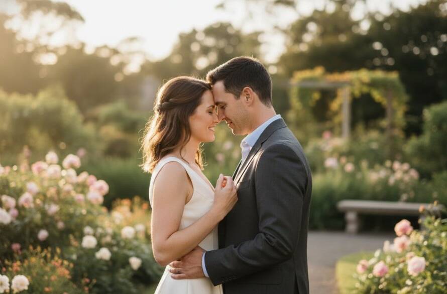 An engaged couple shares a tender, romantic moment during their Romantic Pre-Wedding Photoshoot Mont Albert North Gardens, bathed in dramatic golden hour light, with lush greenery and elegant garden architecture in the background, professionally captured with cinematic colour grading.
