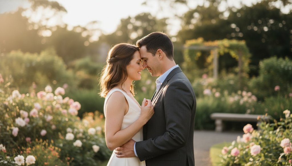 An engaged couple shares a tender, romantic moment during their Romantic Pre-Wedding Photoshoot Mont Albert North Gardens, bathed in dramatic golden hour light, with lush greenery and elegant garden architecture in the background, professionally captured with cinematic colour grading.