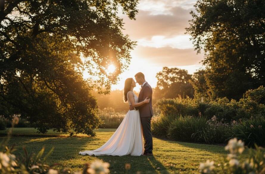 A stunning, golden-hour romantic pre-wedding photoshoot Ormond Gardens capturing a couple in an intimate embrace amidst lush greenery, with soft light filtering through trees, creating a cinematic, dreamlike atmosphere.