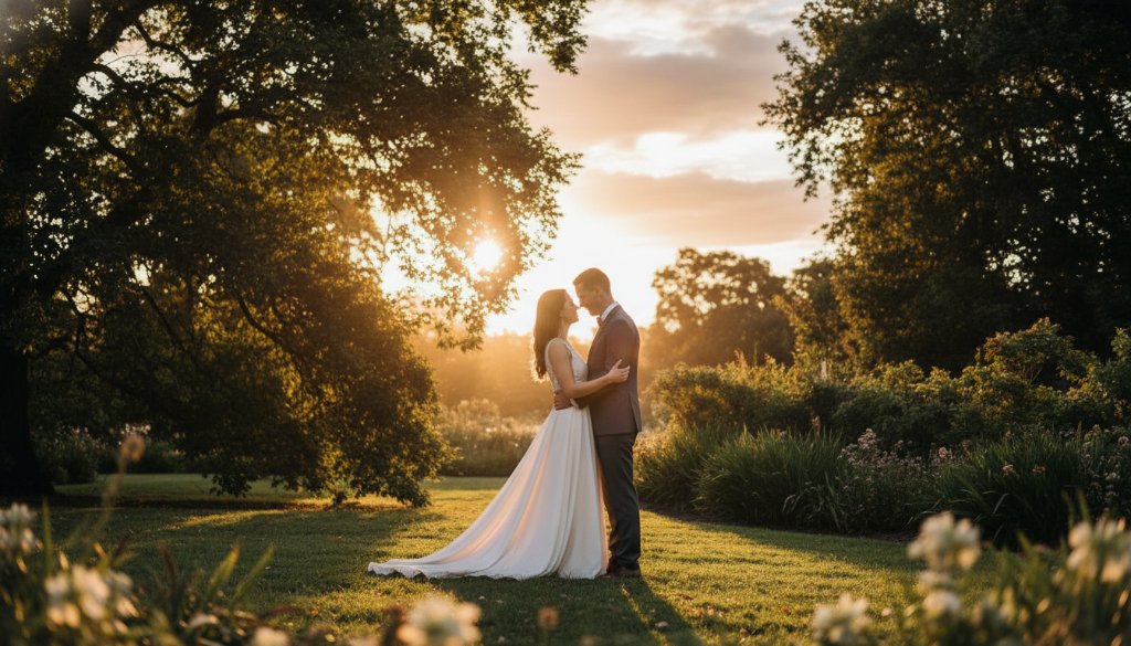 A stunning, golden-hour romantic pre-wedding photoshoot Ormond Gardens capturing a couple in an intimate embrace amidst lush greenery, with soft light filtering through trees, creating a cinematic, dreamlike atmosphere.