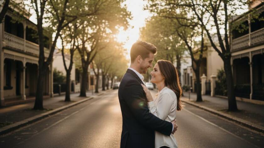 A couple embracing lovingly during their romantic pre-wedding photoshoot Seddon Victoria, with charming Victorian architecture in the soft golden hour light, captured in an epic, cinematic style.