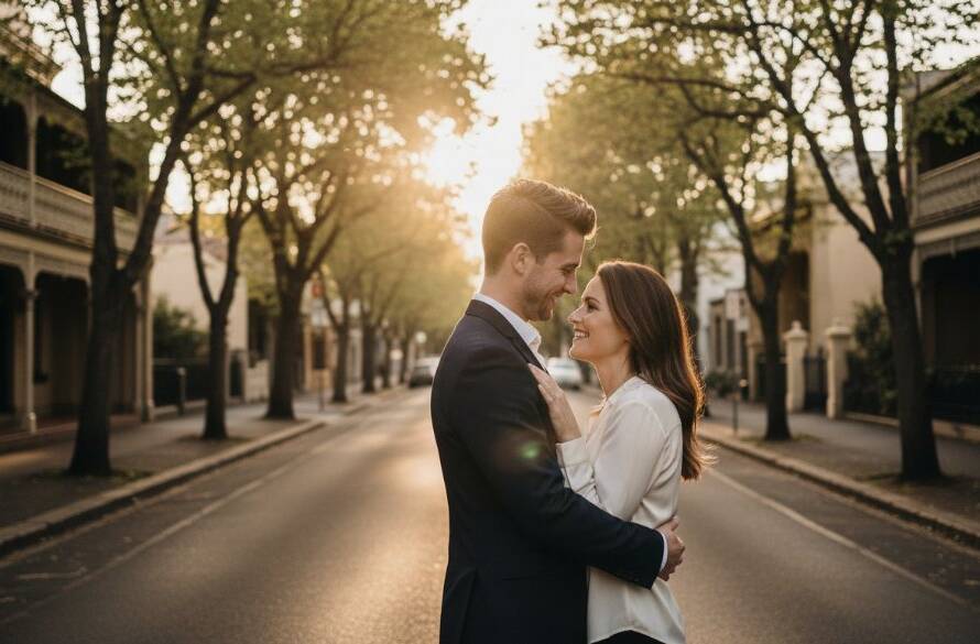 A couple embracing lovingly during their romantic pre-wedding photoshoot Seddon Victoria, with charming Victorian architecture in the soft golden hour light, captured in an epic, cinematic style.