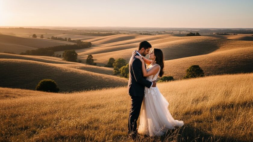 A romantic pre-wedding photoshoot Warragul Victoria's countryside couple embracing at sunset amidst rolling hills, dramatic golden hour light, cinematic and emotionally resonant.