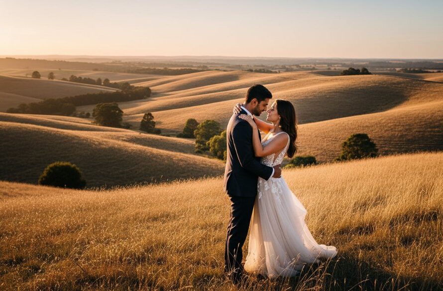 A romantic pre-wedding photoshoot Warragul Victoria's countryside couple embracing at sunset amidst rolling hills, dramatic golden hour light, cinematic and emotionally resonant.