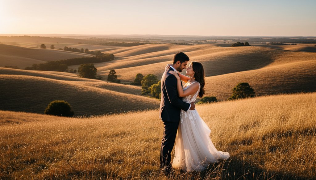 A romantic pre-wedding photoshoot Warragul Victoria's countryside couple embracing at sunset amidst rolling hills, dramatic golden hour light, cinematic and emotionally resonant.