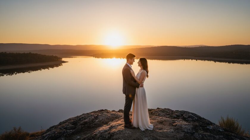 An epic moment photograph of a couple embracing passionately at sunset during their romantic pre-wedding photoshoot Wodonga Lake Hume, with the golden hour light silhouetting them against the sparkling water and distant hills.