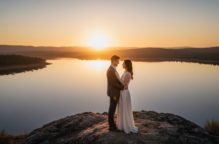 An epic moment photograph of a couple embracing passionately at sunset during their romantic pre-wedding photoshoot Wodonga Lake Hume, with the golden hour light silhouetting them against the sparkling water and distant hills.