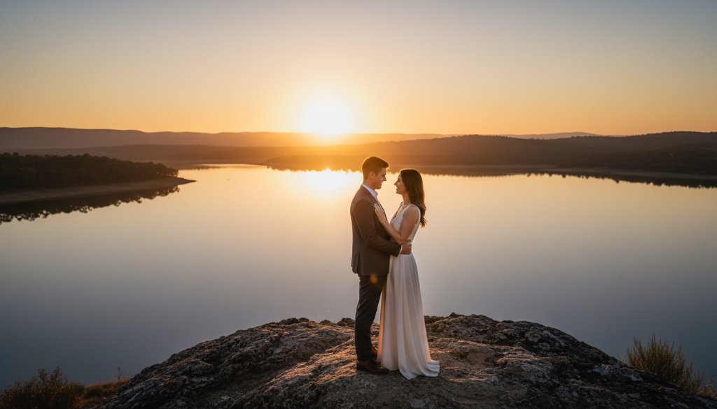 An epic moment photograph of a couple embracing passionately at sunset during their romantic pre-wedding photoshoot Wodonga Lake Hume, with the golden hour light silhouetting them against the sparkling water and distant hills.