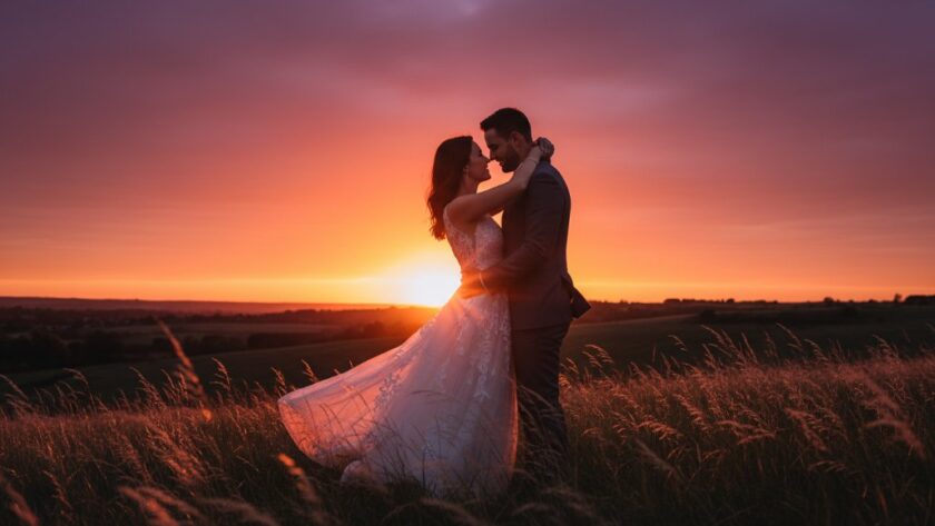 An epic moment captured during romantic pre-wedding photoshoots in Delacombe, Victoria, featuring a couple embracing dramatically against a golden hour sky, professional lighting highlighting their silhouette.