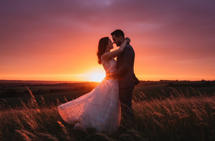 An epic moment captured during romantic pre-wedding photoshoots in Delacombe, Victoria, featuring a couple embracing dramatically against a golden hour sky, professional lighting highlighting their silhouette.