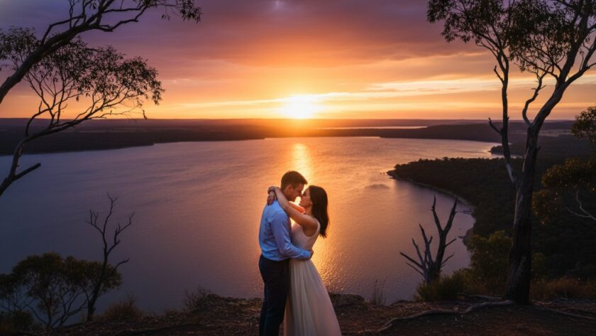 A dramatic, cinematic photograph of a couple embracing amidst the rolling green hills and ancient gum trees near Lake Hamilton at sunset, with golden light silhouetting them, embodying romantic pre-wedding photoshoots Hamilton Victoria.