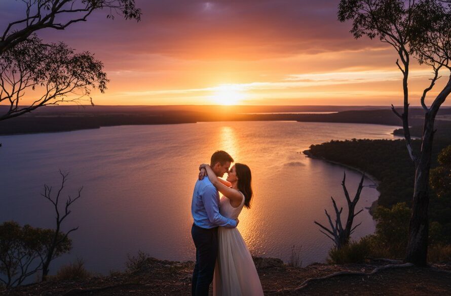 A dramatic, cinematic photograph of a couple embracing amidst the rolling green hills and ancient gum trees near Lake Hamilton at sunset, with golden light silhouetting them, embodying romantic pre-wedding photoshoots Hamilton Victoria.