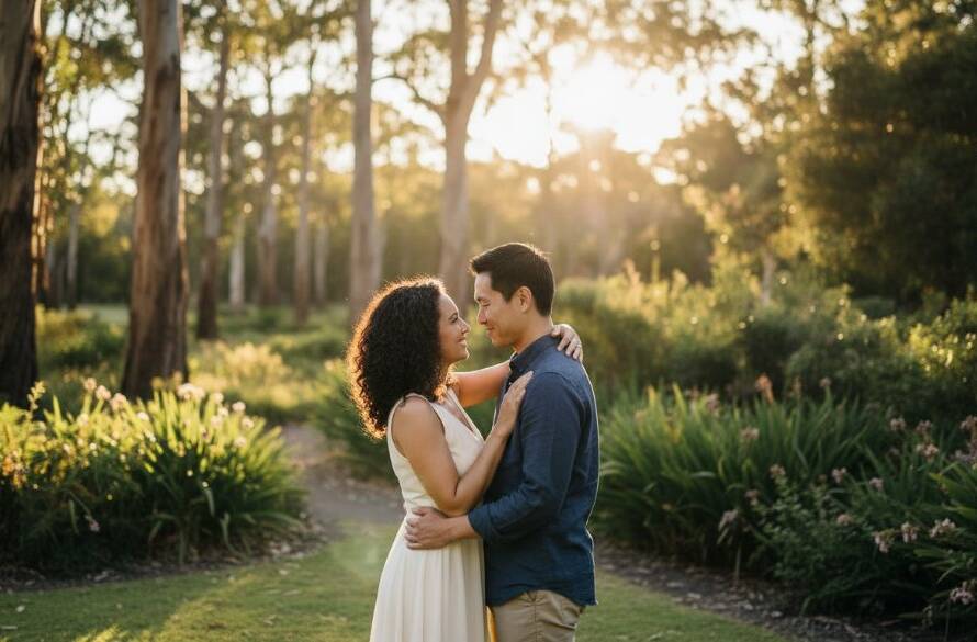 A romantic pre-wedding photoshoot in Ringwood East outdoor locations, featuring a couple embracing passionately under dramatic, golden hour light in a lush park, captured in an epic, cinematic style with professional colour grading.
