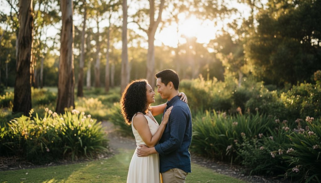 A romantic pre-wedding photoshoot in Ringwood East outdoor locations, featuring a couple embracing passionately under dramatic, golden hour light in a lush park, captured in an epic, cinematic style with professional colour grading.