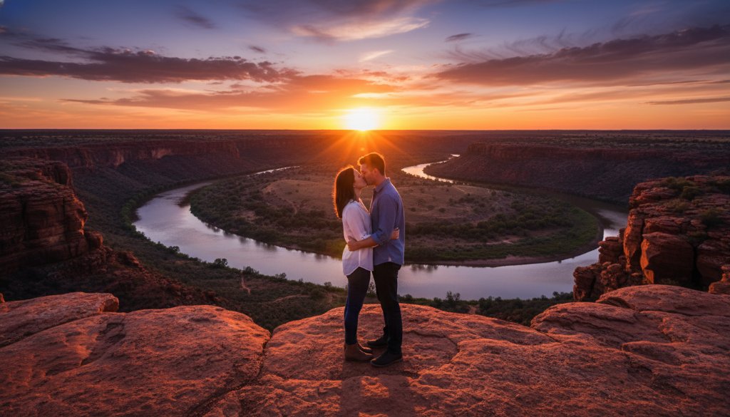 An epic, wide-angle shot capturing a couple sharing a tender kiss at sunset amidst the iconic red cliffs of Red Cliffs, Victoria, silhouetted against a vibrant orange and purple sky, showcasing romantic Red Cliffs sunset engagement photography at its finest.