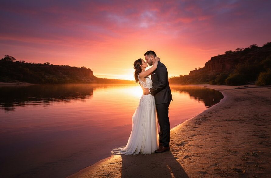 An epic, romantic Red Cliffs Victoria wedding photography sunsets shot featuring a newlywed couple silhouetted against a vibrant, golden orange sky over the Murray River, holding hands and looking into the distance, with a dramatic, cinematic feel.