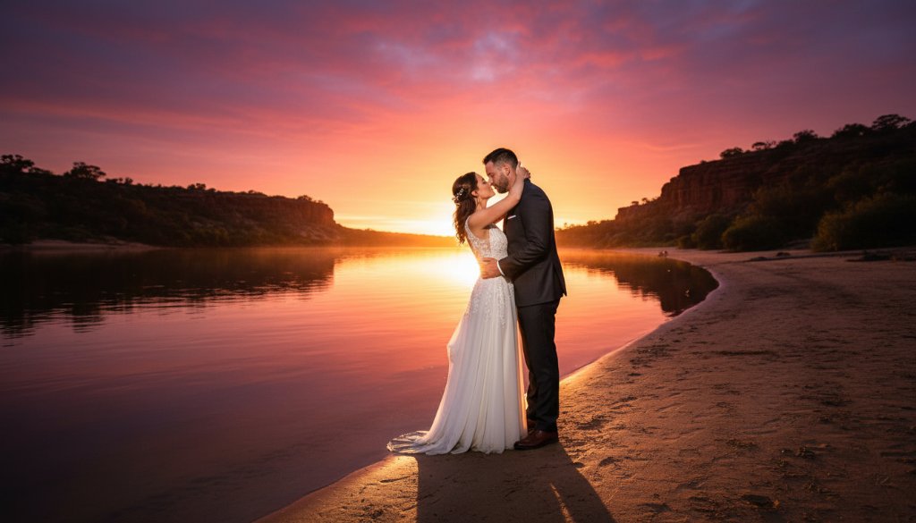 An epic, romantic Red Cliffs Victoria wedding photography sunsets shot featuring a newlywed couple silhouetted against a vibrant, golden orange sky over the Murray River, holding hands and looking into the distance, with a dramatic, cinematic feel.