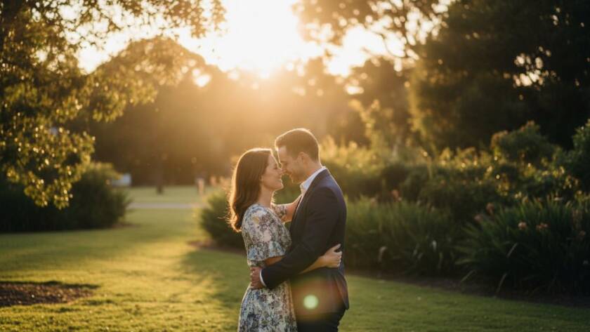 A breathtaking 'epic moment' photograph of a newly engaged couple embracing warmly during a golden hour sunset in a scenic park in Ringwood East, Victoria, showcasing their romantic Ringwood East engagement photos, with dramatic backlighting and a soft, ethereal glow.