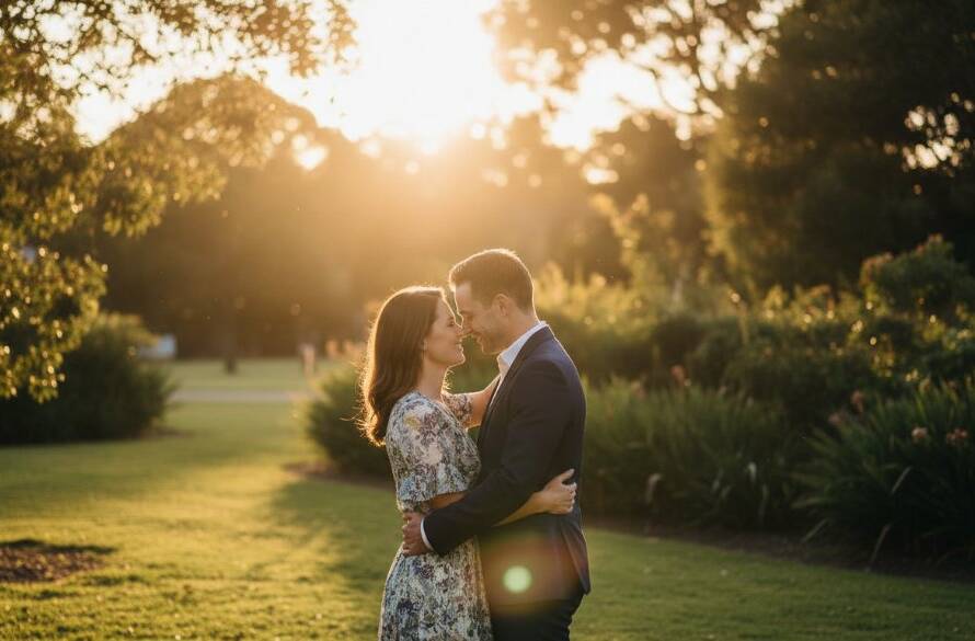 A breathtaking 'epic moment' photograph of a newly engaged couple embracing warmly during a golden hour sunset in a scenic park in Ringwood East, Victoria, showcasing their romantic Ringwood East engagement photos, with dramatic backlighting and a soft, ethereal glow.