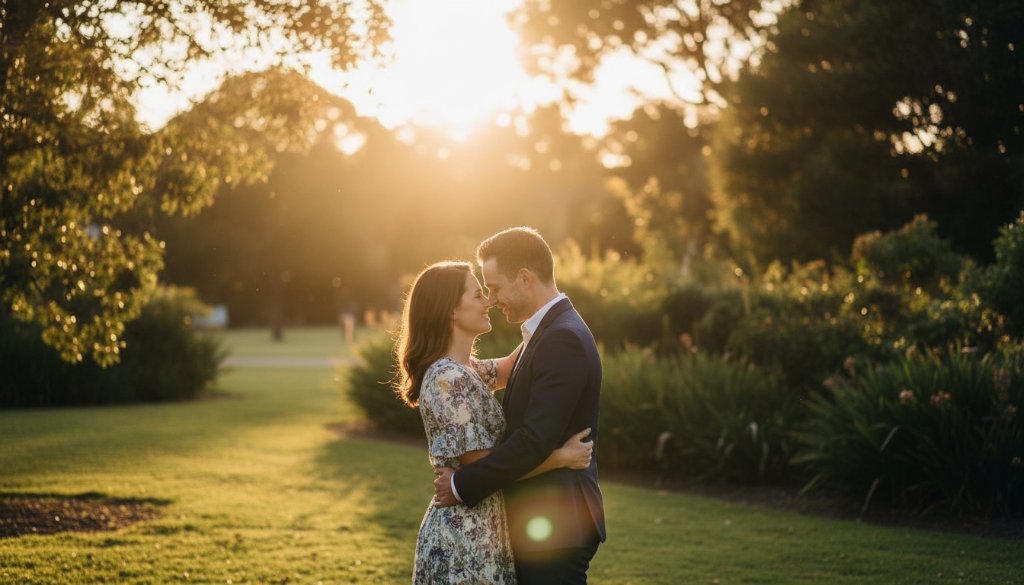 A breathtaking 'epic moment' photograph of a newly engaged couple embracing warmly during a golden hour sunset in a scenic park in Ringwood East, Victoria, showcasing their romantic Ringwood East engagement photos, with dramatic backlighting and a soft, ethereal glow.