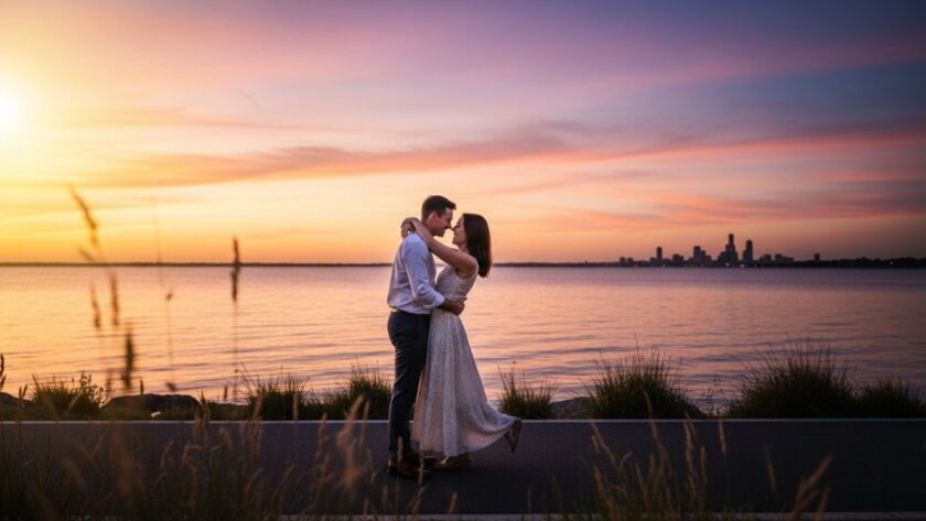A couple shares a tender, joyful embrace during a romantic Rippleside engagement photoshoot Victoria at golden hour, with the shimmering waters of Corio Bay and the distant Geelong city lights creating a breathtaking, cinematic backdrop under a dramatic, colourful sunset. The scene captures an epic moment of connection and anticipation.