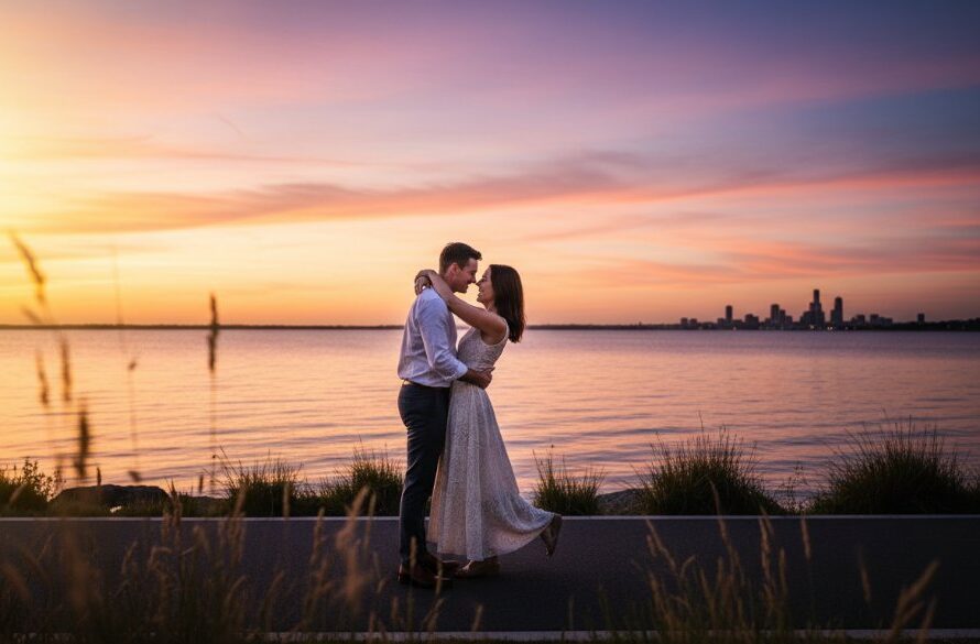 A couple shares a tender, joyful embrace during a romantic Rippleside engagement photoshoot Victoria at golden hour, with the shimmering waters of Corio Bay and the distant Geelong city lights creating a breathtaking, cinematic backdrop under a dramatic, colourful sunset. The scene captures an epic moment of connection and anticipation.