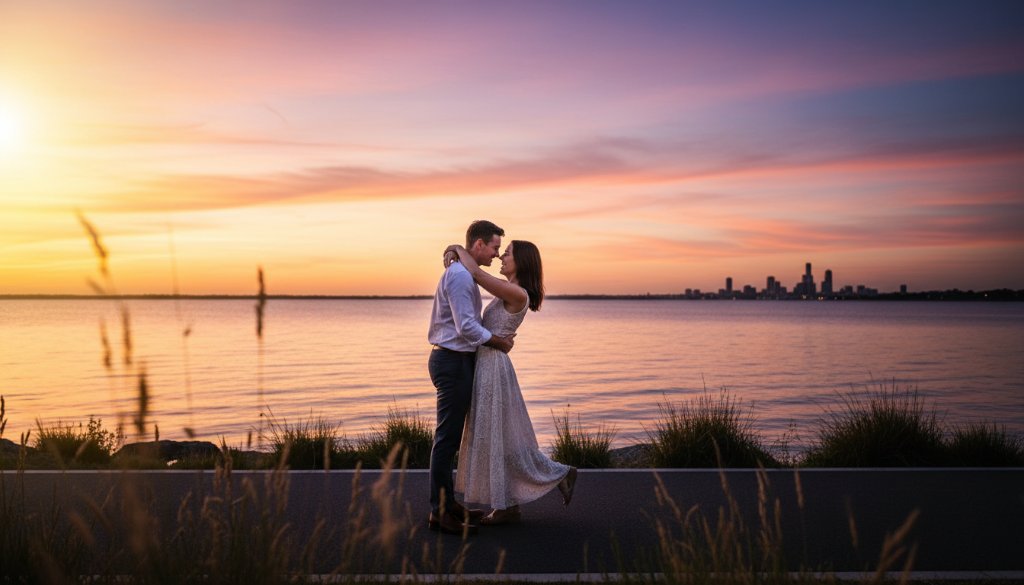 A couple shares a tender, joyful embrace during a romantic Rippleside engagement photoshoot Victoria at golden hour, with the shimmering waters of Corio Bay and the distant Geelong city lights creating a breathtaking, cinematic backdrop under a dramatic, colourful sunset. The scene captures an epic moment of connection and anticipation.