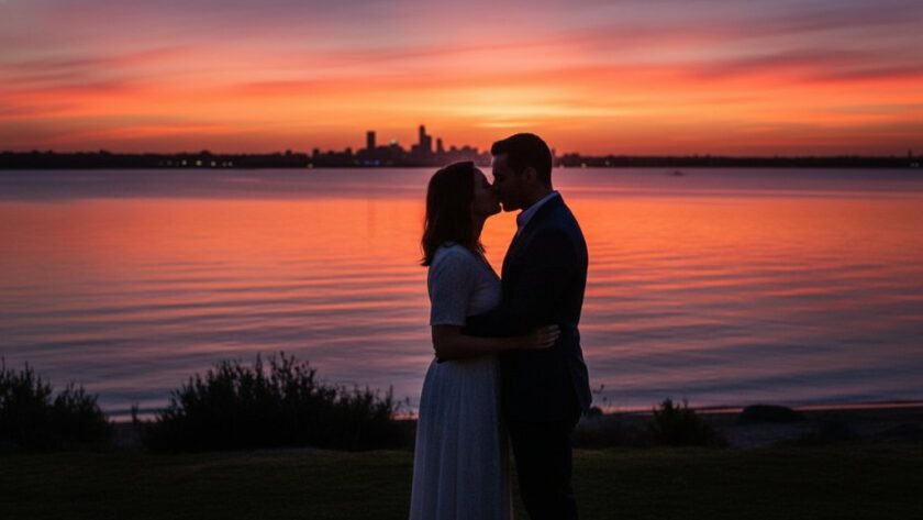 An epic, dramatically lit pre-wedding photograph of a couple sharing a tender moment at dusk on the Rippleside foreshore, with the glittering lights of Geelong across Corio Bay, perfect for romantic Rippleside pre-wedding photography Victoria.