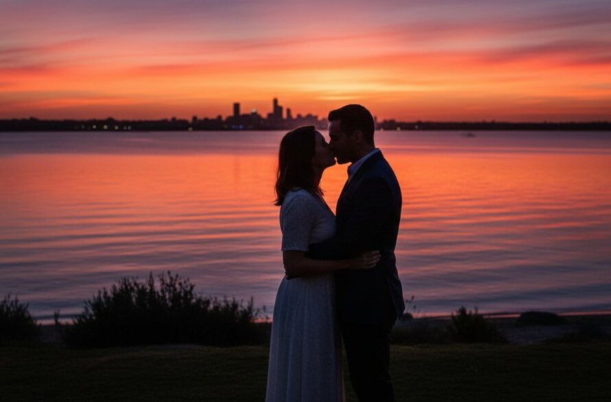 An epic, dramatically lit pre-wedding photograph of a couple sharing a tender moment at dusk on the Rippleside foreshore, with the glittering lights of Geelong across Corio Bay, perfect for romantic Rippleside pre-wedding photography Victoria.