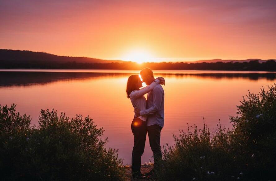 A couple embracing passionately at sunset by Lysterfield Lake, capturing their romantic Rowville lake engagement photography, with golden hour light silhouetting their tender moment, showcasing an epic, professional portfolio shot.