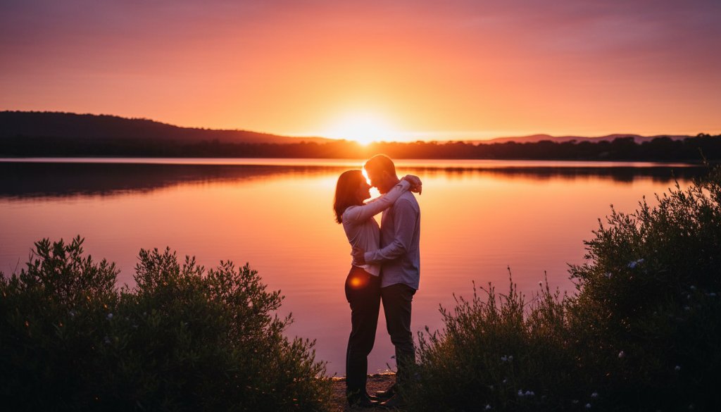 A couple embracing passionately at sunset by Lysterfield Lake, capturing their romantic Rowville lake engagement photography, with golden hour light silhouetting their tender moment, showcasing an epic, professional portfolio shot.