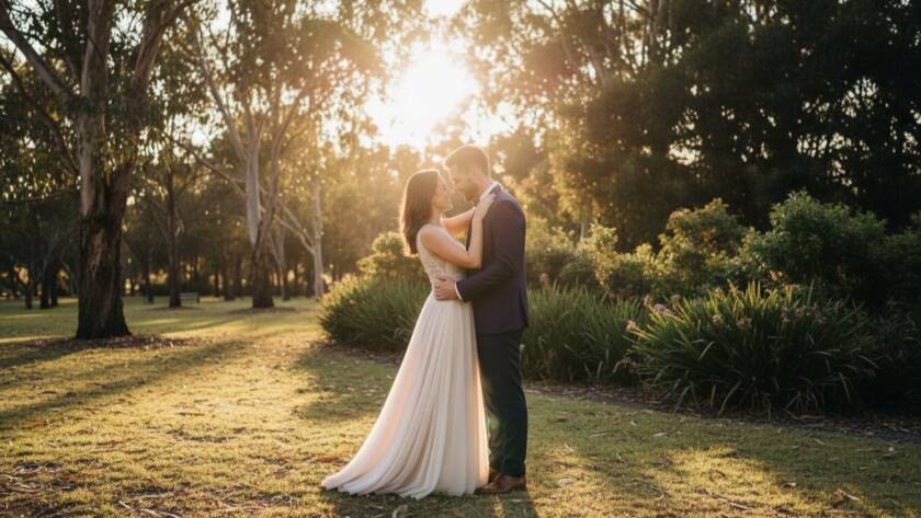 An epic moment capture of a couple embracing amidst the vibrant natural beauty of a romantic Rowville pre-wedding photography location at sunset, with golden light filtering through trees, creating a cinematic, professional photograph.