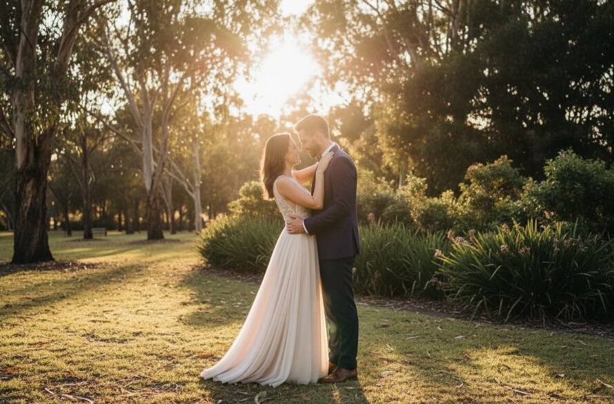An epic moment capture of a couple embracing amidst the vibrant natural beauty of a romantic Rowville pre-wedding photography location at sunset, with golden light filtering through trees, creating a cinematic, professional photograph.
