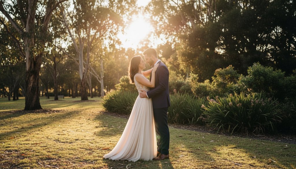 An epic moment capture of a couple embracing amidst the vibrant natural beauty of a romantic Rowville pre-wedding photography location at sunset, with golden light filtering through trees, creating a cinematic, professional photograph.