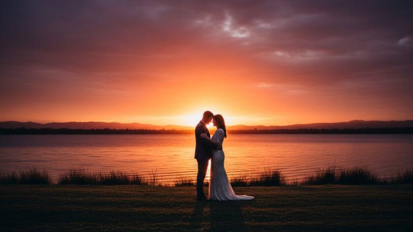 A stunning wide-angle shot capturing the romantic Rowville pre-wedding photography Lysterfield Lake moment of a couple embracing passionately at sunset, golden hour light illuminating the lake and distant Dandenong Ranges, professional colour grading enhancing the cinematic mood.
