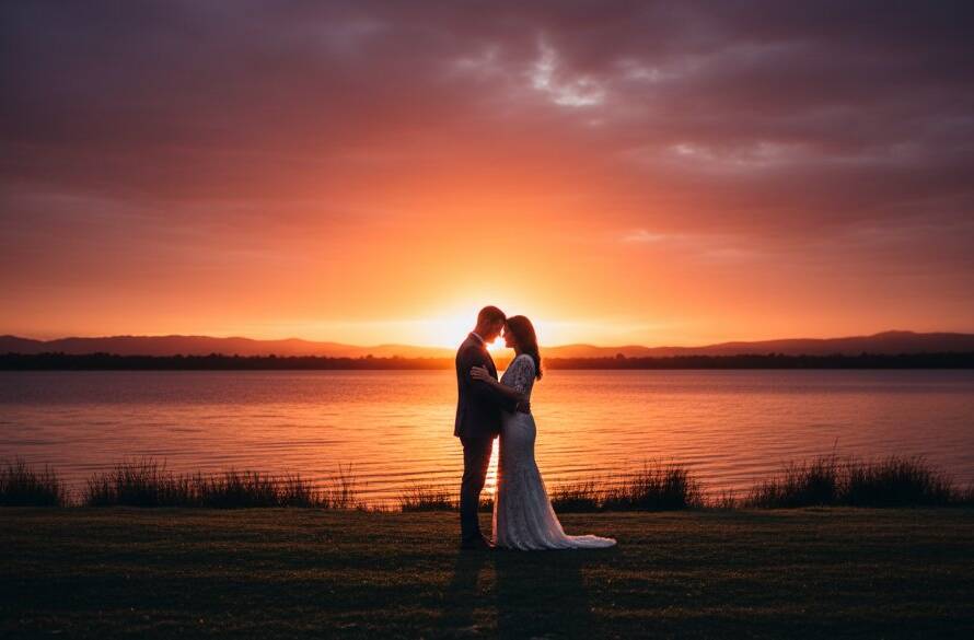 A stunning wide-angle shot capturing the romantic Rowville pre-wedding photography Lysterfield Lake moment of a couple embracing passionately at sunset, golden hour light illuminating the lake and distant Dandenong Ranges, professional colour grading enhancing the cinematic mood.