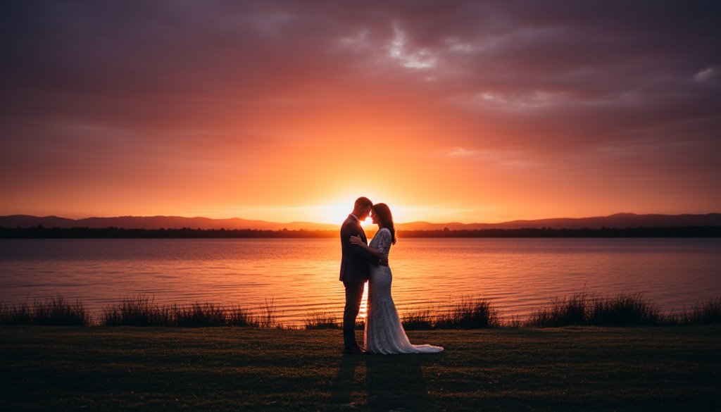 A stunning wide-angle shot capturing the romantic Rowville pre-wedding photography Lysterfield Lake moment of a couple embracing passionately at sunset, golden hour light illuminating the lake and distant Dandenong Ranges, professional colour grading enhancing the cinematic mood.
