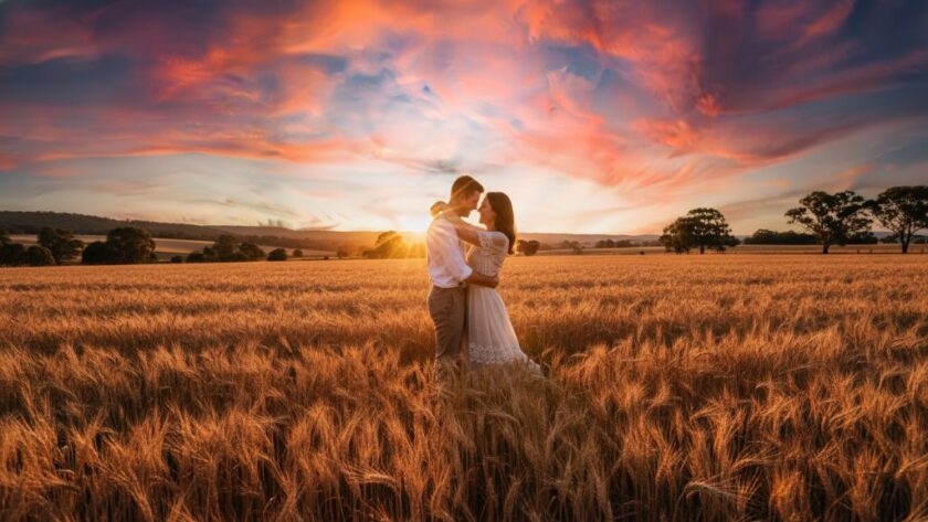 An enchanting, professionally colour-graded cinematic photograph captures a couple embracing tenderly at sunset amidst golden fields near Epsom, Victoria, perfectly illustrating a romantic rustic pre-wedding photoshoot Epsom Victoria.
