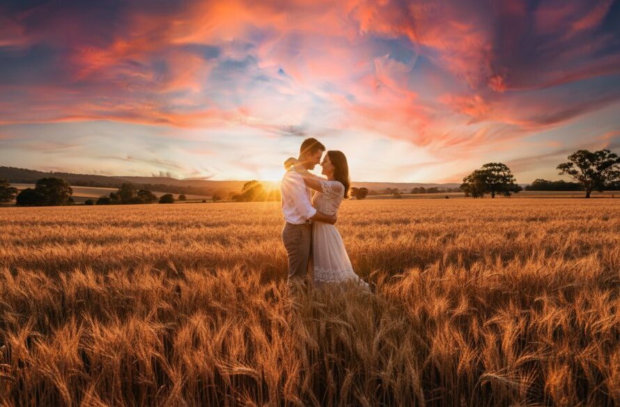 An enchanting, professionally colour-graded cinematic photograph captures a couple embracing tenderly at sunset amidst golden fields near Epsom, Victoria, perfectly illustrating a romantic rustic pre-wedding photoshoot Epsom Victoria.