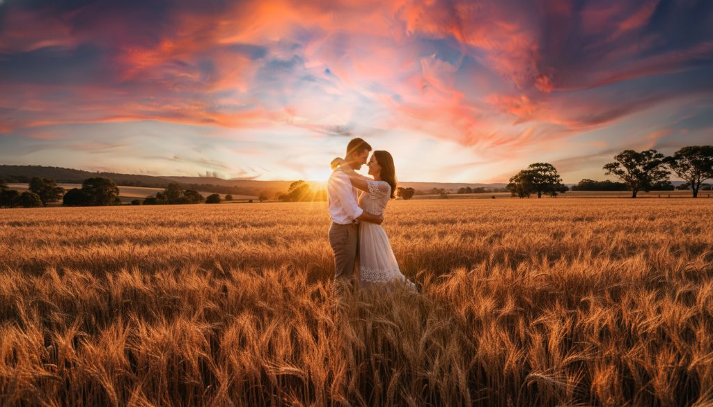 An enchanting, professionally colour-graded cinematic photograph captures a couple embracing tenderly at sunset amidst golden fields near Epsom, Victoria, perfectly illustrating a romantic rustic pre-wedding photoshoot Epsom Victoria.