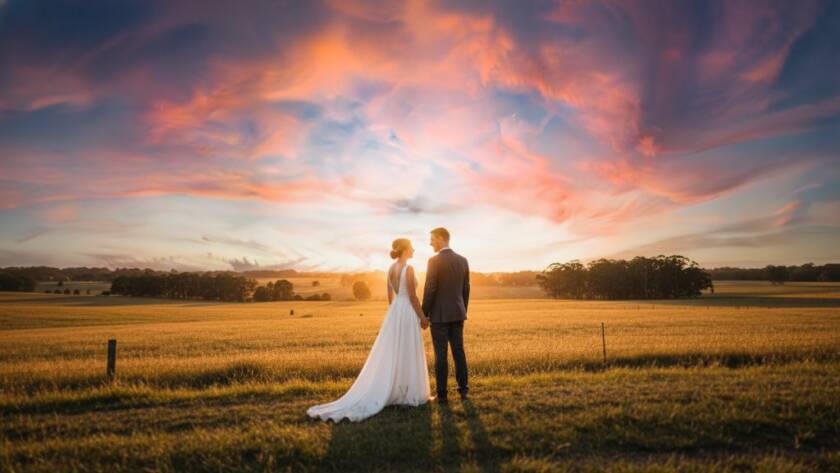 An intimate wide-angle shot capturing the newlywed couple sharing a tender kiss amidst the golden hour glow in a picturesque rural vineyard in Skye, Victoria, perfectly embodying romantic rustic wedding photography Skye Victoria. The sun sets dramatically behind them, casting long shadows and illuminating the couple with a warm, cinematic light, showcasing an epic moment.