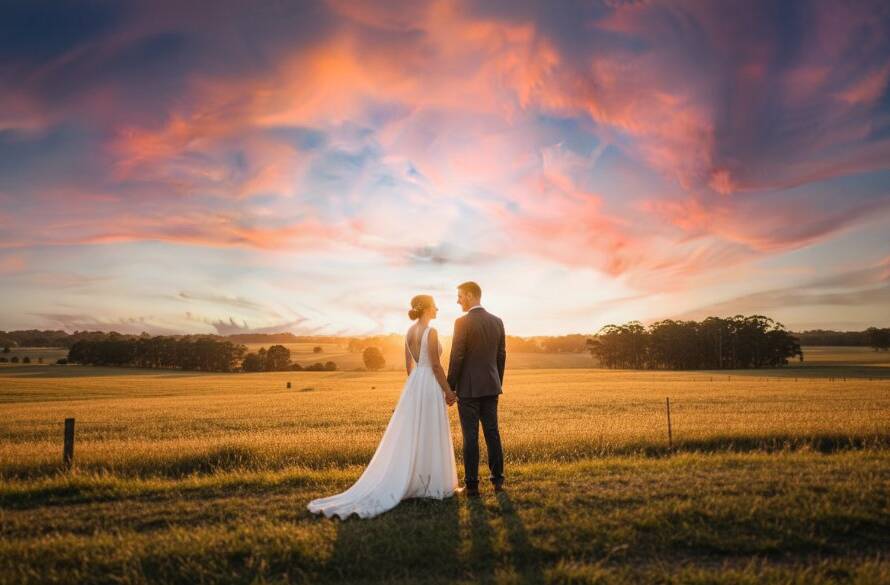An intimate wide-angle shot capturing the newlywed couple sharing a tender kiss amidst the golden hour glow in a picturesque rural vineyard in Skye, Victoria, perfectly embodying romantic rustic wedding photography Skye Victoria. The sun sets dramatically behind them, casting long shadows and illuminating the couple with a warm, cinematic light, showcasing an epic moment.