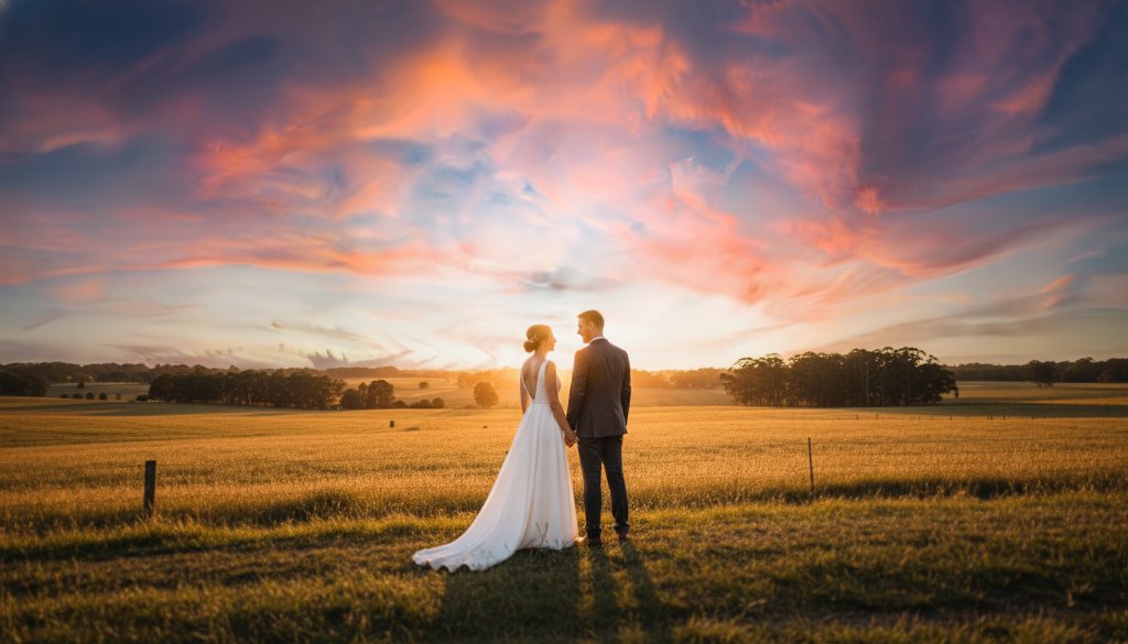 An intimate wide-angle shot capturing the newlywed couple sharing a tender kiss amidst the golden hour glow in a picturesque rural vineyard in Skye, Victoria, perfectly embodying romantic rustic wedding photography Skye Victoria. The sun sets dramatically behind them, casting long shadows and illuminating the couple with a warm, cinematic light, showcasing an epic moment.