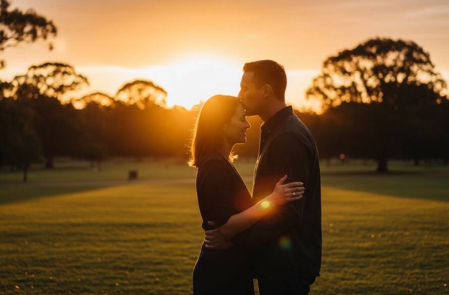 An epic, professionally color-graded photograph capturing a couple sharing a tender moment amidst golden hour light in a Scoresby park, showcasing their Romantic Scoresby Park Engagement Photos Victoria.