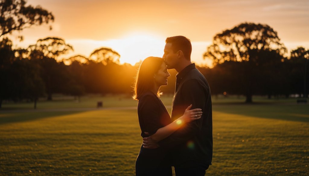 An epic, professionally color-graded photograph capturing a couple sharing a tender moment amidst golden hour light in a Scoresby park, showcasing their Romantic Scoresby Park Engagement Photos Victoria.