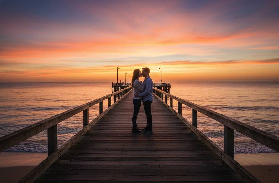 A couple shares a tender kiss under a dramatic sunset sky on Seaford Pier, silhouetted against the vibrant colours, embodying the magic of romantic Seaford Pier pre-wedding photography.