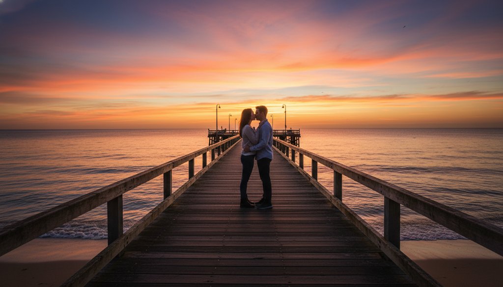 A couple shares a tender kiss under a dramatic sunset sky on Seaford Pier, silhouetted against the vibrant colours, embodying the magic of romantic Seaford Pier pre-wedding photography.