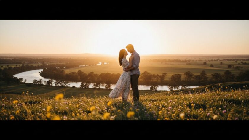 An intimate, epic moment of a couple embracing during romantic Seymour engagement photography at sunset, with golden light illuminating the landscape.