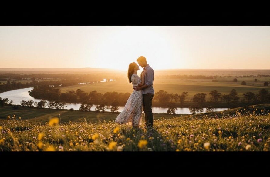 An intimate, epic moment of a couple embracing during romantic Seymour engagement photography at sunset, with golden light illuminating the landscape.