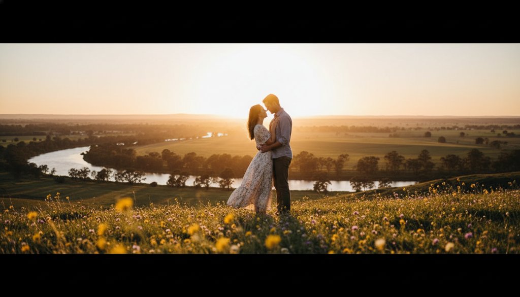 An intimate, epic moment of a couple embracing during romantic Seymour engagement photography at sunset, with golden light illuminating the landscape.